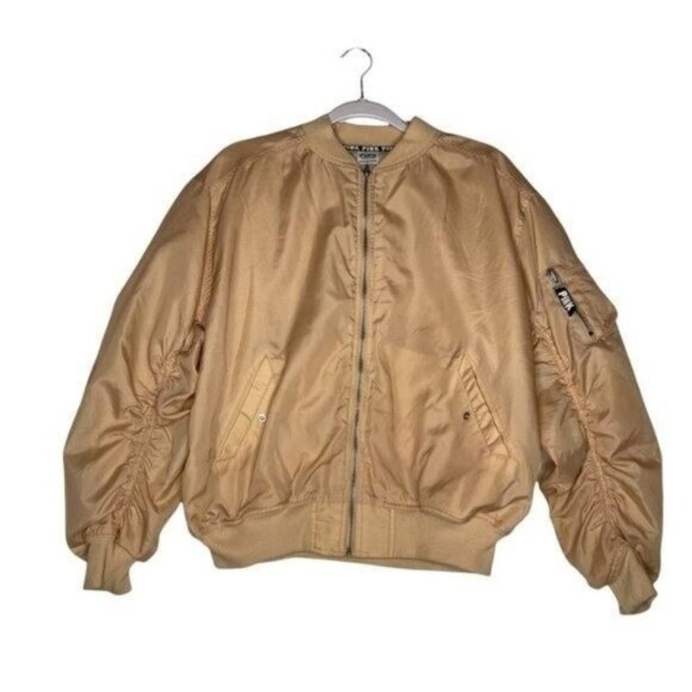 Pink Victoria's Secret Bomber Jacket Tan Ruched Sleeve Logo XS